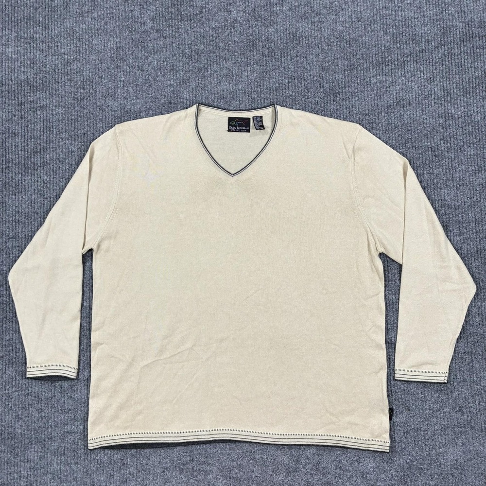 Greg Norman Collection Sweater Mens XL Beige Knit V-Neck Italy Golf Pullover